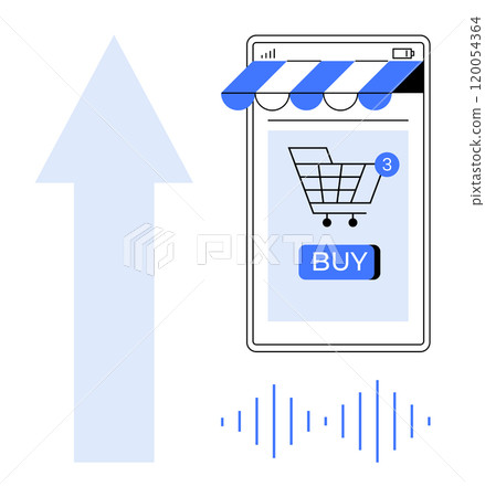 Mobile device with shopping cart, number 3, and buy button. Growth arrow and soundwaves. Ideal for online shopping, digital marketing, e-commerce, mobile apps, and technology. Modern, clean, vector 120054364