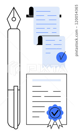 Fountain pen, scroll, document with check mark, certificate with blue seal. Ideal for legal, business, education, finance, and administration themes. Simple line art style with minimal colors 120054365