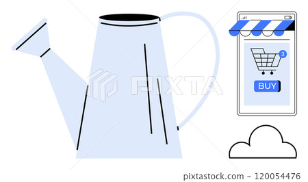 A blue watering can next to a smartphone with a shopping cart icon and a cloud symbol. Ideal for online gardening, e-commerce, digital tools, cloud storage, home gardening. Simple modern style 120054476