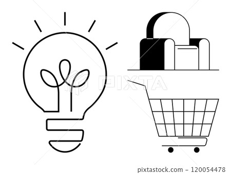 Lightbulb with a plant inside and a shopping cart holding an armchair. Ideal for innovation, e-commerce, interior design, shopping, and green energy. Simple line art style 120054478