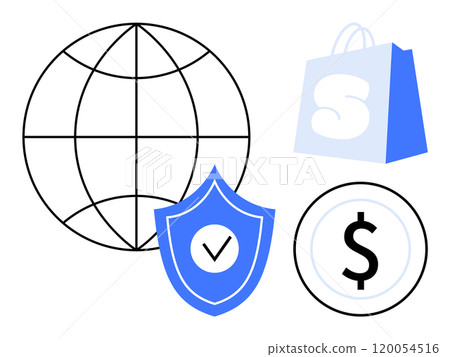 Outline of a globe, blue shopping bag with S, currency symbol inside a circle, and blue shield with check mark. Ideal for e-commerce, cybersecurity, global trade, online transactions, consumer 120054516