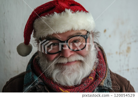 Cheerful elderly man wearing a Santa hat and glasses smiling warmly against a rustic background 120054529