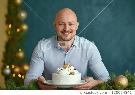 Man celebrates special occasion holding a beautifully decorated cake with festive decorations in a 120054541