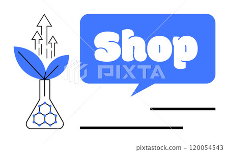 A plant grows from a laboratory flask suggesting growth innovation and eco-friendly science. Ideal for business green technology e-commerce startups and innovation. Minimalist modern style A plant grows from a laboratory flask suggesting growth innovation and eco-friendly science. Ideal for business green technology e-commerce startups and innovation. Minimalist modern style 120054543