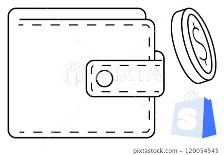 Wallet with button clasp alongside a coin and a shopping bag with a letter S. Ideal for online shopping finance savings ecommerce and monetary transactions. Minimalist line drawing style 120054545