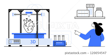 A 3D printer creating a heart model with a technician pointing at shelves with medicine bottles. Ideal for medical advancements, biotechnology, technology innovation, healthcare, and scientific A 3D printer creating a heart model with a technician pointing at shelves with medicine bottles. Ideal for medical advancements, biotechnology, technology innovation, healthcare, and scientific 120054547
