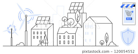 An urban scene featuring buildings with solar panels, wind turbines, a shield for security, and a mobile shopping cart icon. Ideal for smart city concepts, renewable energy, sustainability, green An urban scene featuring buildings with solar panels, wind turbines, a shield for security, and a mobile shopping cart icon. Ideal for smart city concepts, renewable energy, sustainability, green 120054552