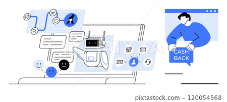 AI chatbot providing digital customer support on laptop, with various icons for email, messages, and satisfaction levels. Ideal for online customer service, AI technology, user feedback, ecommerce AI chatbot providing digital customer support on laptop, with various icons for email, messages, and satisfaction levels. Ideal for online customer service, AI technology, user feedback, ecommerce 120054568