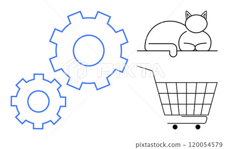 Cat sleeping on handle of an empty shopping cart next to two blue gears. Ideal for visualizing concepts such as automation, e-commerce, productivity, simplicity, or innovation. Minimalist line art 120054579