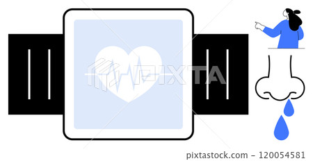 Smartwatch displaying a heart with an ECG line, a person sneezing or coughing, and a nose with drops. Ideal for health, technology, illness symptoms, fitness tracking, and smart devices. Modern, flat 120054581