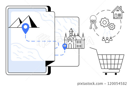 Shopping concept. Tablet showcasing a map with destinations and a house. Ideal for real estate, travel planning, e-commerce solutions, technology interfaces, and online shopping 120054582