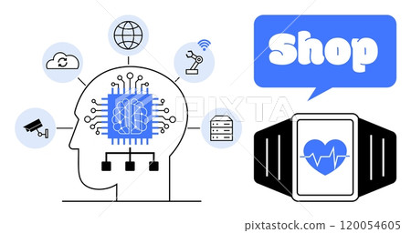 Brain with AI chip connected to cloud, network, robotic arm, camera, and server smartwatch showing heart rate shop icon in speech bubble. Ideal for technology, AI, internet of things, e-commerce Brain with AI chip connected to cloud, network, robotic arm, camera, and server smartwatch showing heart rate shop icon in speech bubble. Ideal for technology, AI, internet of things, e-commerce 120054605