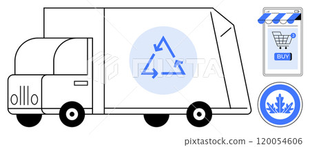 A delivery truck with a recycling symbol, an online shopping cart with a buy button, and an eco-friendly symbol. Ideal for sustainability, eco-friendly transportation, e-commerce, recycling 120054606