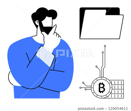 Thoughtful person with hand on chin stands next to a file folder and a digital Bitcoin icon. Ideal for cryptocurrency, blockchain technology, digital finance, financial innovation, digital files Thoughtful person with hand on chin stands next to a file folder and a digital Bitcoin icon. Ideal for cryptocurrency, blockchain technology, digital finance, financial innovation, digital files 120054611