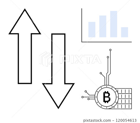 Black up and down arrows, a bar graph in light blue, and a Bitcoin symbol with circuit elements. Ideal for financial market analysis, cryptocurrency trends, investment forecasting, blockchain Black up and down arrows, a bar graph in light blue, and a Bitcoin symbol with circuit elements. Ideal for financial market analysis, cryptocurrency trends, investment forecasting, blockchain 120054613