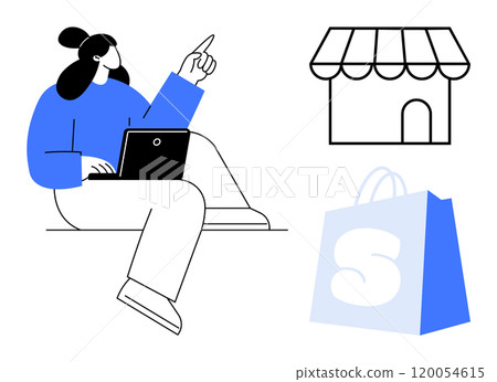 Woman sitting with laptop pointing upward. Nearby, a store icon and a shopping bag icon. Ideal for online shopping, e-commerce, digital retail, business, and technology topics. Minimalist vector Woman sitting with laptop pointing upward. Nearby, a store icon and a shopping bag icon. Ideal for online shopping, e-commerce, digital retail, business, and technology topics. Minimalist vector 120054615