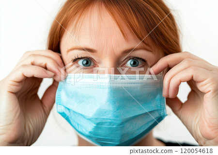 A woman with red hair adjusts her blue face mask while looking directly at the camera in a bright 120054618