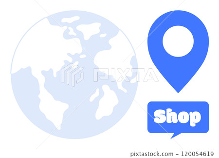 A light blue map of the world next to a blue map pin with a shop sign. Ideal for online shopping, global delivery, e-commerce, retail locations, and worldwide trade. Simple vector style 120054619