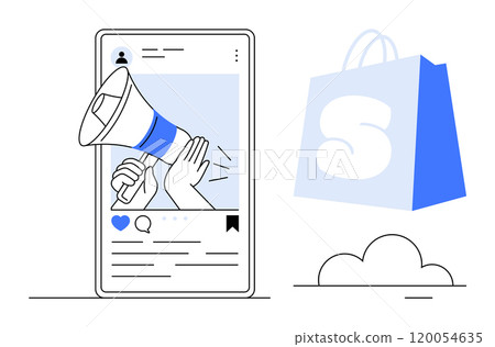 Mobile phone displays a social media post with a megaphone icon indicating a marketing announcement. Shopping bag symbolizes online commerce. Ideal for digital marketing, social media, online 120054635