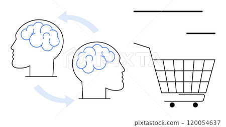 Two human heads with visible brains and arrows indicating exchange, alongside a shopping cart. Ideal for consumer behavior, decision-making, psychology, marketing, neuroeconomics. Simple line style Two human heads with visible brains and arrows indicating exchange, alongside a shopping cart. Ideal for consumer behavior, decision-making, psychology, marketing, neuroeconomics. Simple line style 120054637