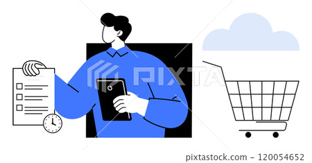 Shopping concept. Man holding a tablet and checklist with a shopping cart, clock and cloud. Ideal for online shopping, organization, productivity, retail, and e-commerce themes. Minimalist clean Shopping concept. Man holding a tablet and checklist with a shopping cart, clock and cloud. Ideal for online shopping, organization, productivity, retail, and e-commerce themes. Minimalist clean 120054652