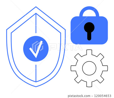 A shield with a checkmark, a padlock, and a gear symbol. Ideal for security, protection, privacy, technology, and configuration themes. Simple modern style with blue and black colours, vector 120054653