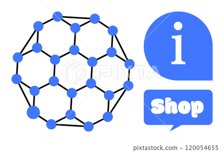 A blue network graph with interconnected nodes is displayed alongside information and shopping buttons. Ideal for technology, science, web development, e-commerce, and digital education themes 120054655