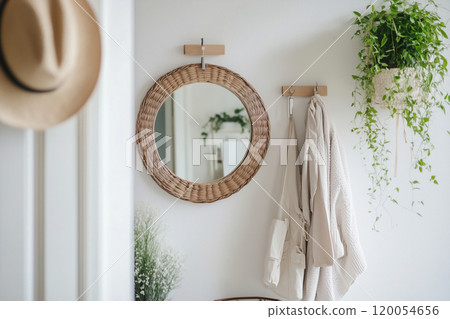 Cozy home interior featuring a circular mirror, hanging plants, and a soft sweater in a bright room 120054656