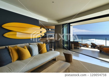 Stylish beachfront living area with surfboards hanging on the wall and ocean views during a sunny 120054738