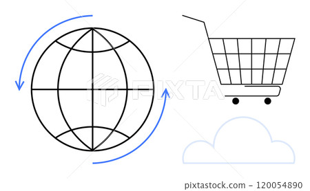 Globe with blue arrows, a shopping cart, and a cloud. Ideal for e-commerce, global trade, cloud computing, online business, tech innovation. Simple, minimalist, modern 120054890