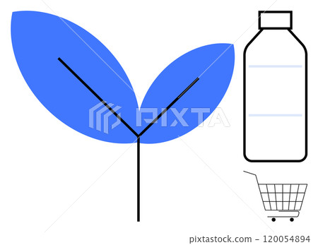 Blue leaves with a black stem next to a reusable bottle and shopping cart outline. Ideal for eco-friendly living, sustainability, green shopping, environmental awareness, and zero waste lifestyle 120054894