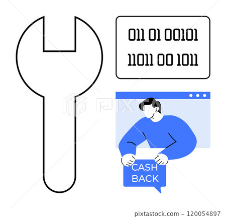 Large spanner with binary code tablet and person holding cashback icon on screen. Ideal for technology, coding, digital finance, customer rewards, e-commerce. Minimalistic vector art style 120054897