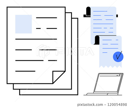 Stack of documents, a rolled receipt with a checkmark, and a laptop. Ideal for business, documentation, digital workflow, bookkeeping, office management. Clean, minimalist style 120054898