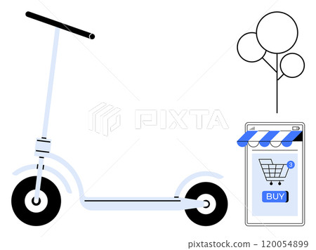 Electric scooter beside online shopping mobile phone with buy button and tree. Ideal for e-commerce technology mobile apps urban transport environmental sustainability and shopping convenience 120054899