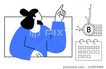 Woman pointing upwards, Bitcoin symbol with circuitry, calendar with checkboxes. Ideal for cryptocurrency, blockchain technology, financial planning, digital currency, and investment strategy themes 120054900