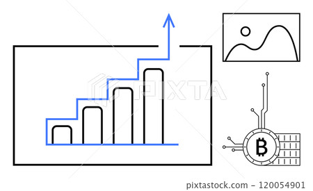 Stylized upward growth chart with blue arrow, framed landscape image, and Bitcoin symbol with circuit lines. Ideal for finance, cryptocurrency, investment, economics, and digital technology 120054901