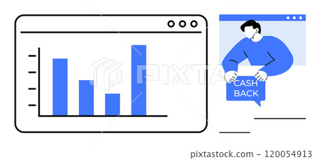A user holding a cashback sign located next to a bar graph on a screen platform. Ideal for finance, online shopping, data analysis, financial planning, business analytics. Minimalist vector style in 120054913