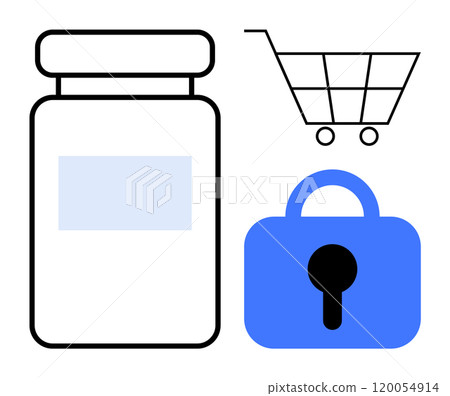 Black and white medicine bottle next to a shopping cart and blue lock. Ideal for online pharmacy, e-commerce safety, medicine purchase, digital security, and healthcare access themes. Minimalist Black and white medicine bottle next to a shopping cart and blue lock. Ideal for online pharmacy, e-commerce safety, medicine purchase, digital security, and healthcare access themes. Minimalist 120054914