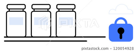 Three jars sit on a shelf beside a cloud and padlock, symbolizing secured digital storage and protection of data. Ideal for data security, cloud storage, digital archiving, data protection Three jars sit on a shelf beside a cloud and padlock, symbolizing secured digital storage and protection of data. Ideal for data security, cloud storage, digital archiving, data protection 120054928
