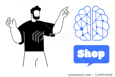 A man pointing upwards while a digital brain and shop bubble are seen on the right side. Ideal for themes of AI retail, digital marketing, neural networks, e-commerce, and technology shopping A man pointing upwards while a digital brain and shop bubble are seen on the right side. Ideal for themes of AI retail, digital marketing, neural networks, e-commerce, and technology shopping 120054948