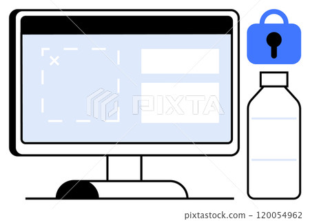 Computer screen with UI design elements, a blue lock icon representing security, and a water bottle. Ideal for web design, cybersecurity, user interface, digital work environment, and hydration 120054962