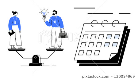 Two professionals balance on a scale while holding work-related items next to a calendar. Ideal for time management, work-life balance, productivity, career planning, and creative thinking. Modern 120054969