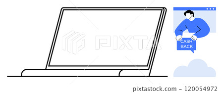 A minimalistic vector featuring an open laptop and a person holding a Cash Back sign in an online promotion frame. Ideal for online shopping, e-commerce, digital marketing, cashback deals A minimalistic vector featuring an open laptop and a person holding a Cash Back sign in an online promotion frame. Ideal for online shopping, e-commerce, digital marketing, cashback deals 120054972