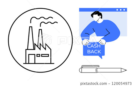 Factory with smoke stacks, person holding cash back sign on web browser, and pen. Ideal for concepts of environmental impact, online business, cashback programs, industrialization, tech use. Simple Factory with smoke stacks, person holding cash back sign on web browser, and pen. Ideal for concepts of environmental impact, online business, cashback programs, industrialization, tech use. Simple 120054973