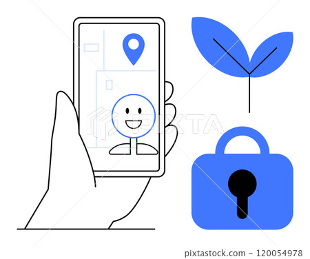 Hand holding a smartphone with location pin. Also shows a happy face on the phone screen, a leaf symbol and a padlock. Ideal for technology, navigation, security, environment, user experience Hand holding a smartphone with location pin. Also shows a happy face on the phone screen, a leaf symbol and a padlock. Ideal for technology, navigation, security, environment, user experience 120054978