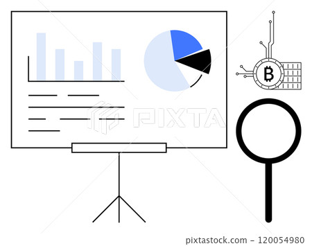 Presentation board with bar and pie charts. Magnifying glass and Bitcoin symbol along with circuitry. Ideal for data analysis finance technology cryptocurrency blockchain and research. Clean 120054980