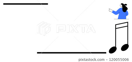 Woman with microphone and large musical notes on a white background. Ideal for music education and performance and creativity and minimalist design and vector art and online content 120055006