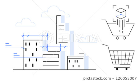 Line art depicting urban buildings construction on the left with superimposed blueprints and two shopping carts and a cube on the right. Ideal for architecture, urban planning, e-commerce 120055007
