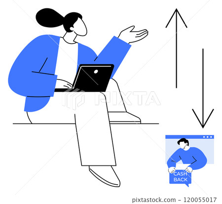 Woman sitting with a laptop, presenting cashback topic. Ideal for online shopping, e-commerce, web presentations, financial education, and digital marketing themes. Modern, minimalist, flat style 120055017