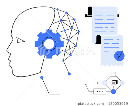 Human head with geometric neural network gears and two documents illustrating artificial intelligence and automation. Ideal for technology innovation artificial intelligence machine learning data 120055019